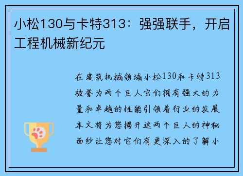 小松130与卡特313：强强联手，开启工程机械新纪元