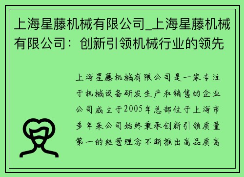 上海星藤机械有限公司_上海星藤机械有限公司：创新引领机械行业的领先企业