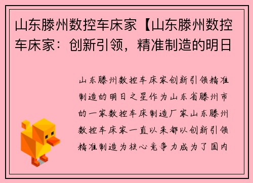 山东滕州数控车床家【山东滕州数控车床家：创新引领，精准制造的明日之星】